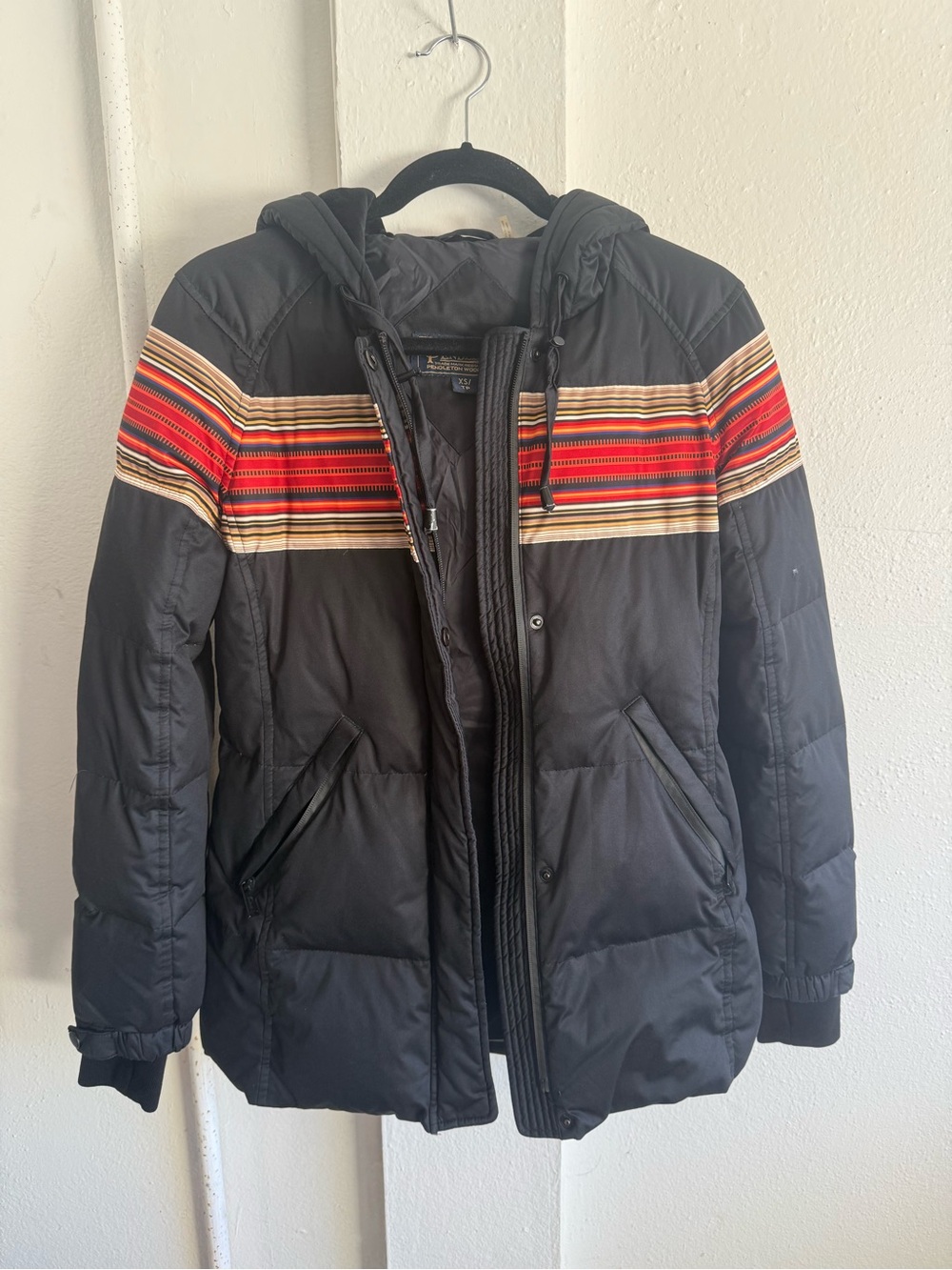 Aqua x Pendleton Black Hooded Puffer Jacket with Red and Tan Stripes xs